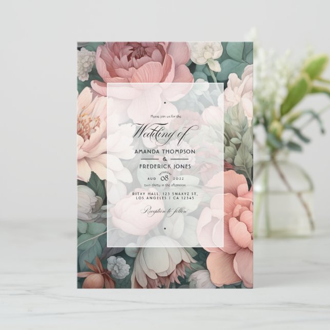 Invitación Boda floral de rosa polvorienta, verde menta y rub (Anverso de pie)