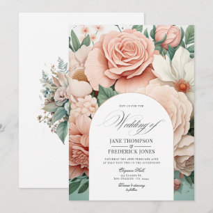 Invitación Boda floral de Rosa Polvorienta, Verde Menta y Rub