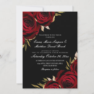 Invitación Boda floral de rosa roja negra Gold