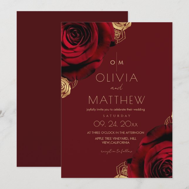 Invitación Boda floral de rosa roja romántica (Anverso / Reverso)