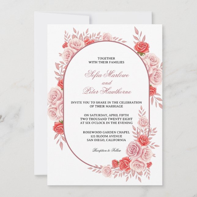 Invitación Boda floral de rosa rosa con marco arqueado modern (Anverso)