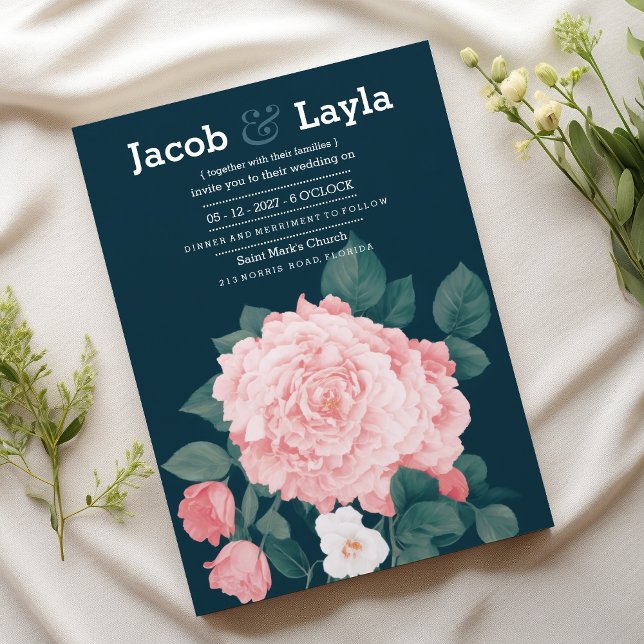 Invitación Boda floral de rosa rosa rosa rosa azul malártico (Romantic mauve blue pink rose floral wedding)