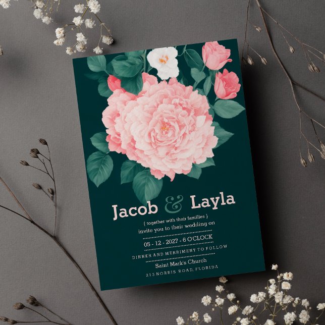 Invitación Boda floral de rosa rosa rosa verde de bosque romá (Romantic forest green pink rose floral wedding)
