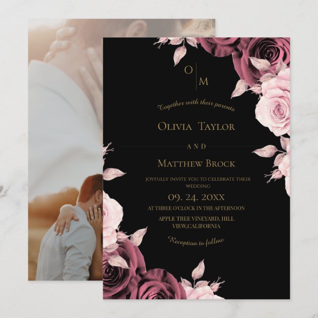Invitación Boda floral de rosa rosa rubor  (Anverso / Reverso)