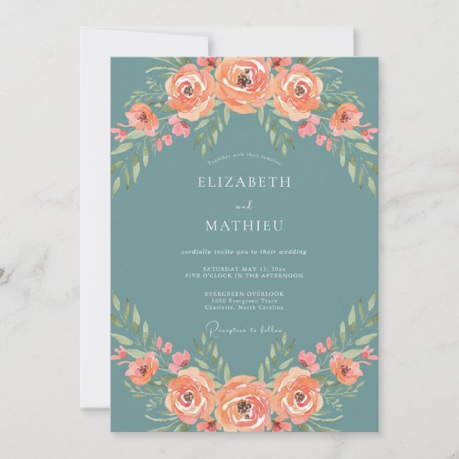 Invitación Boda Floral de Rosa Verde Acuarela (Anverso)