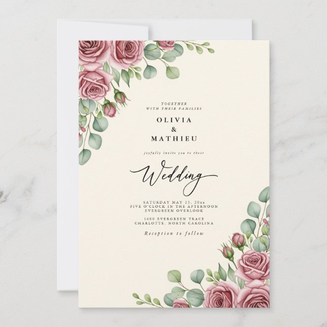 Invitación Boda floral de rosado rubor (Anverso)