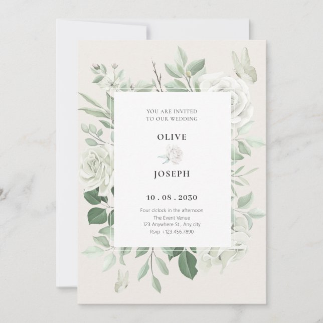 Invitación Boda floral de rosas blancas (Anverso)