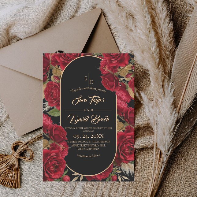 Invitación Boda floral de rosas borgoña Boho Black (Subido por el creador)