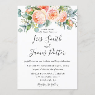 Invitación Boda floral de Rosas de jardín de coral rústico