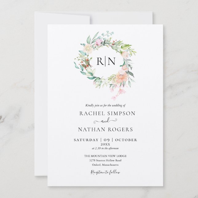 Invitación Boda floral de Rosas de monograma de Kraft rústico (Anverso)