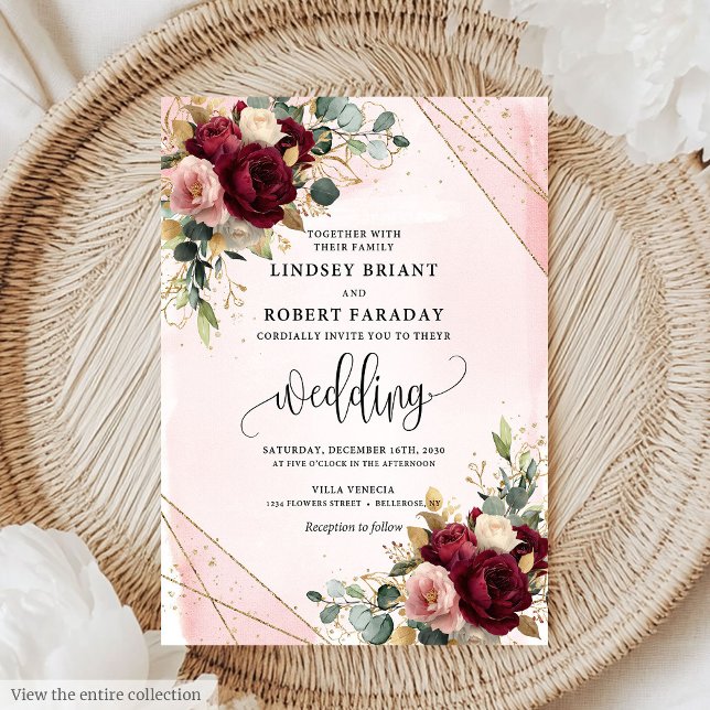 Invitación Boda floral de Rosas de Rubor Rustic Dark Gold (Rustic Dark Red Gold Blush Roses Floral Wedding Invitation )