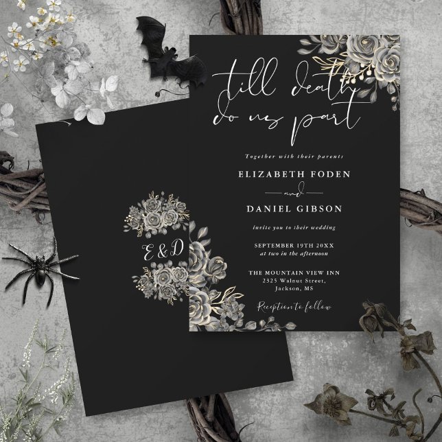 Invitación Boda Floral De Rosas Góticos Blancos Y Negros (Black And White Gothic Roses Floral Wedding Invitation)