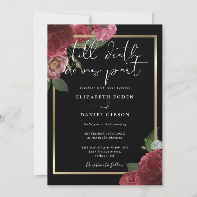 Invitación Boda Floral De Rosas Góticos Negros Y Oro (Anverso)