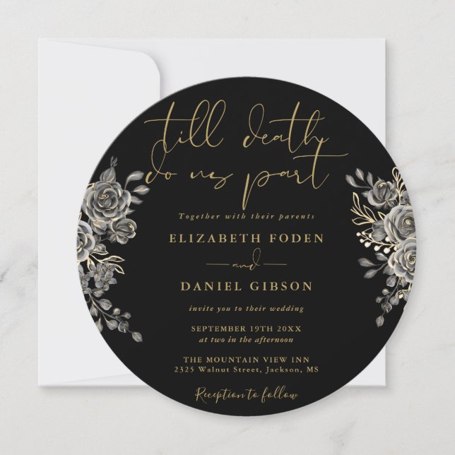 Invitación Boda Floral De Rosas Góticos Negros Y Oro (Anverso)