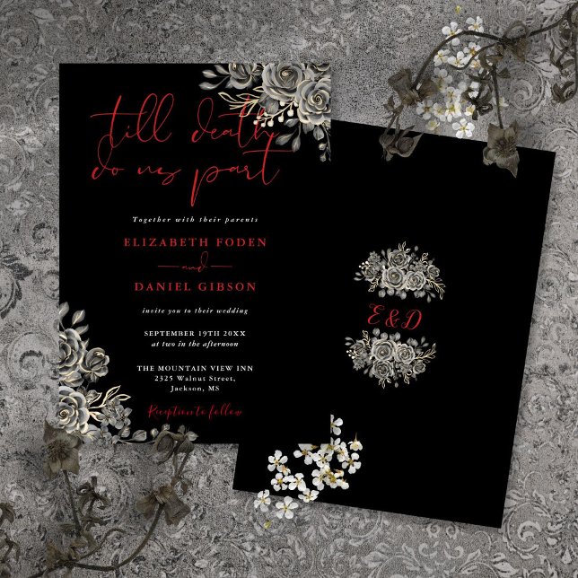 Invitación Boda Floral De Rosas Góticos Negros Y Rojos (Black And Red Gothic Roses Floral Wedding Invitation)