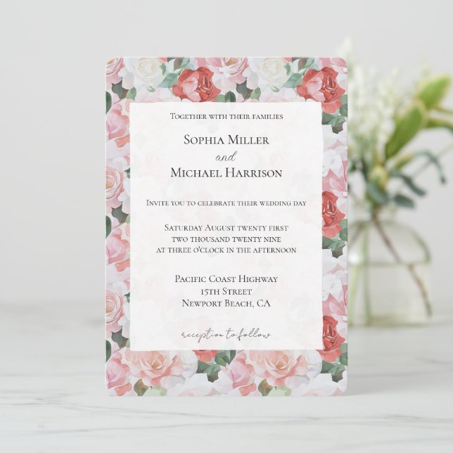 Invitación Boda floral de rosas rojas blancas rosadas de Rubo (Anverso de pie)