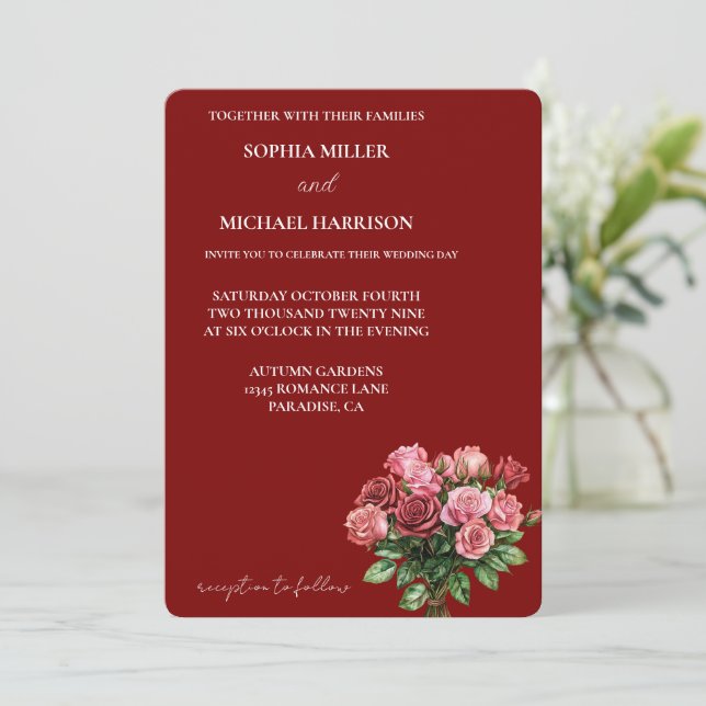 Invitación Boda floral de rosas rojas rojas románticas (Anverso de pie)