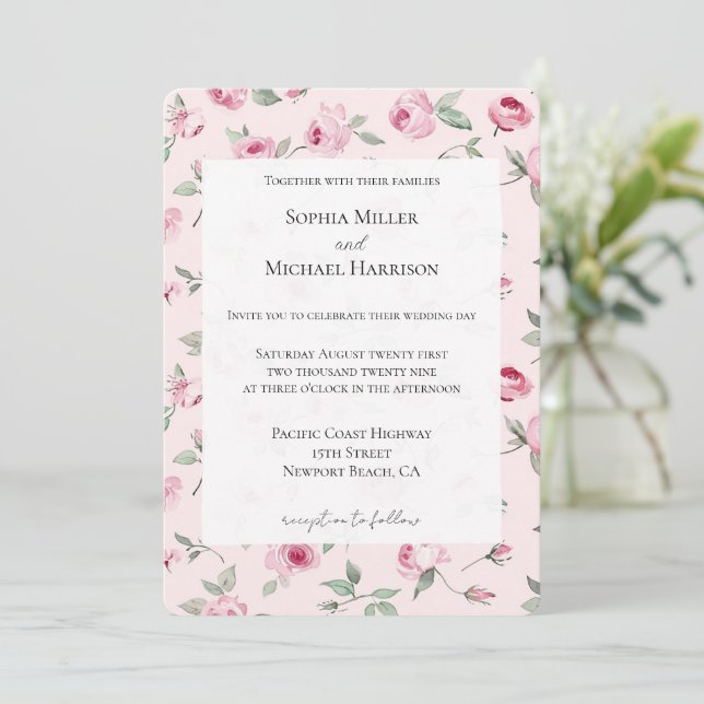 Invitación Boda floral de rosas rosadas bonitos (Anverso de pie)