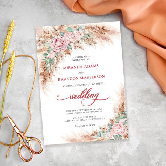 Invitación Boda floral de rosas rosadas elegantes y hierba de