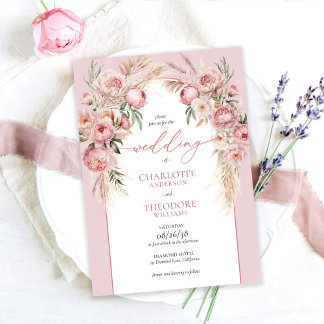 Invitación Boda floral de rosas rosadas elegantes y hierba de