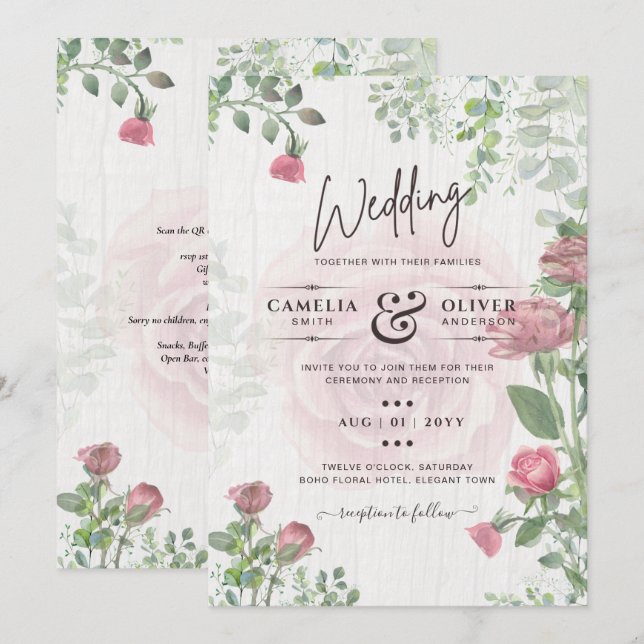 Invitación Boda floral de rosas rosadas polvorientas todo en  (Anverso / Reverso)