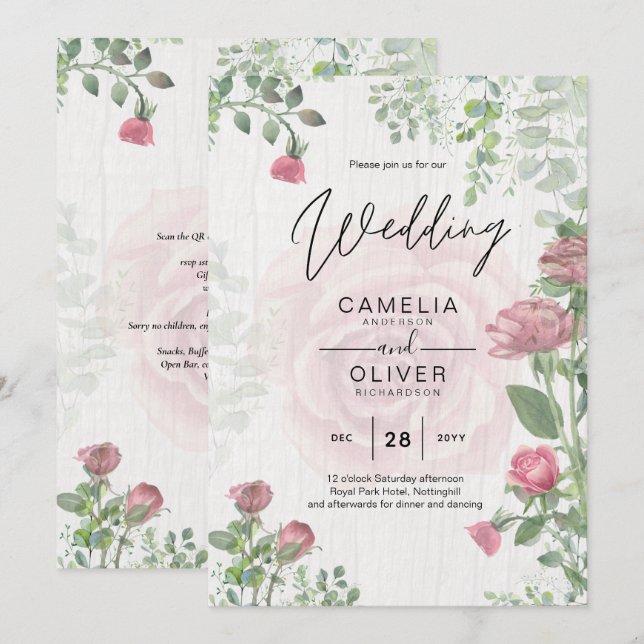 Invitación Boda floral de rosas rosadas polvorientas todo en  (Anverso / Reverso)