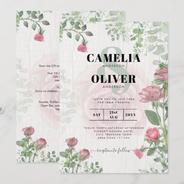 Invitación Boda floral de rosas rosadas polvorientas todo en  (Anverso / Reverso)