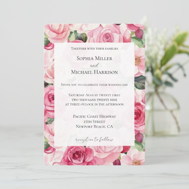 Invitación Boda floral de rosas rosadas románticas (Anverso de pie)