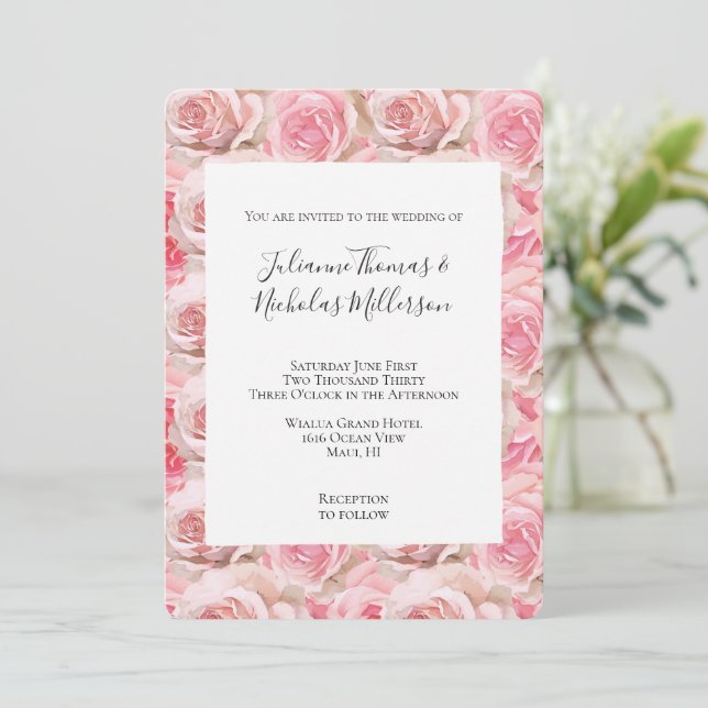 Invitación Boda floral de rosas rosadas románticas (Anverso de pie)