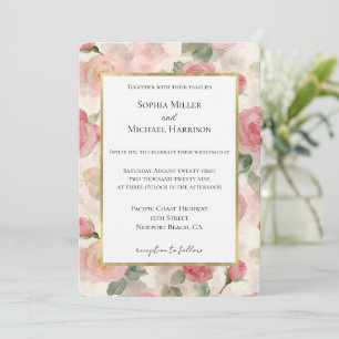 Invitación Boda floral de rosas rosadas románticas doradas