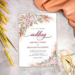 Invitación Boda floral de rosas sonrosadas modernas y hierba