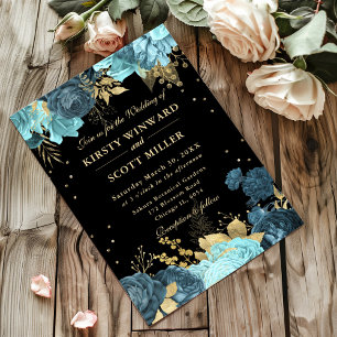 Invitación Boda Floral de Rosas turquesa y dorado