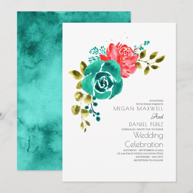 Invitación Boda floral de Roses Roses Rojos verde azulados (Anverso / Reverso)