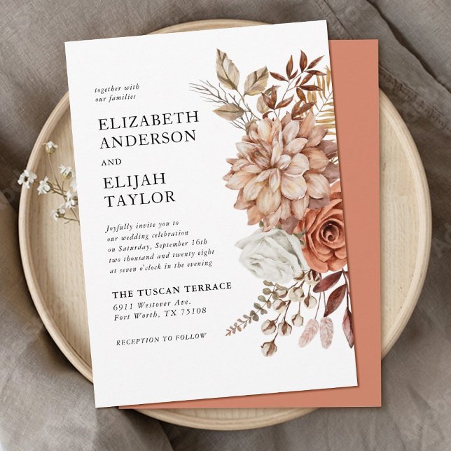 Invitación Boda floral de roya Terracotta Fall (An elegant and modern terracotta Autumn wedding invitation)