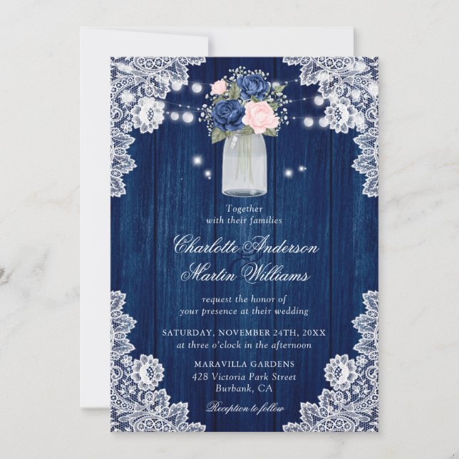 Invitación Boda floral de Rubor azul de la Marina Rustica (Anverso)