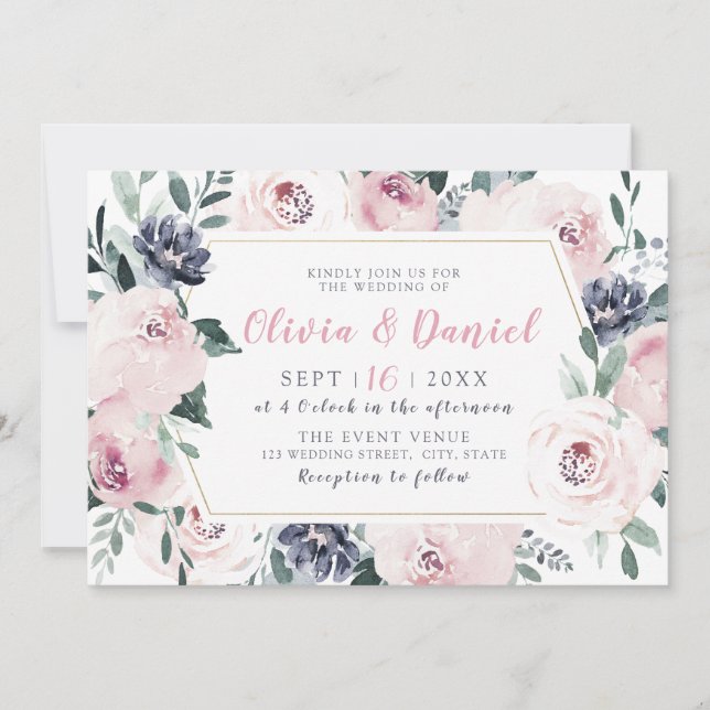 Invitación Boda floral de rubor botánico con brillo (Anverso)