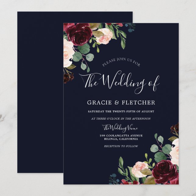 Invitación Boda floral de Rubor botánico de Borgoña (Anverso / Reverso)