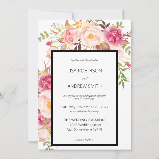 Invitación Boda floral de Rubor con crecimiento rosado (Anverso)