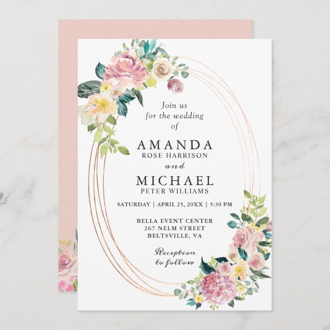 Invitación Boda floral de Rubor con marco ovalado moderno Pas (Anverso / Reverso)