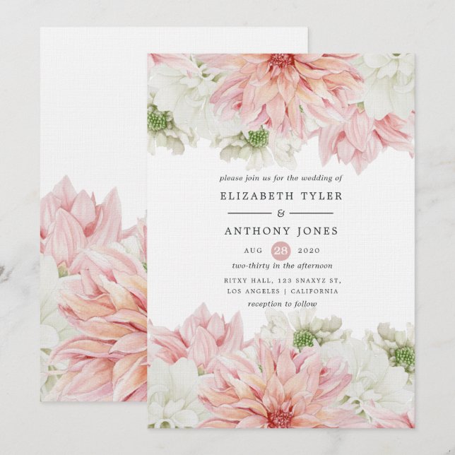 Invitación Boda floral de Rubor Dahlias (Anverso / Reverso)