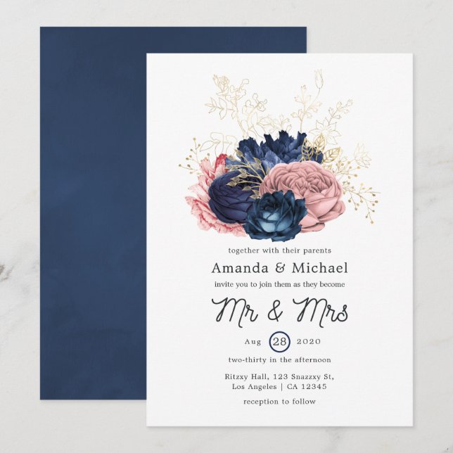 Invitación Boda floral de Rubor, marina y oro (Anverso / Reverso)