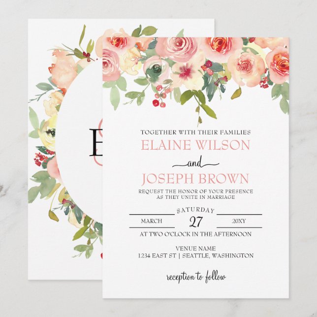 Invitación Boda floral de Rubor moderno (Anverso / Reverso)