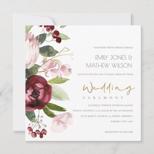 Invitación BODA FLORAL DE Rubor PINK BURGUNDY PROTEA PEONY (Anverso)