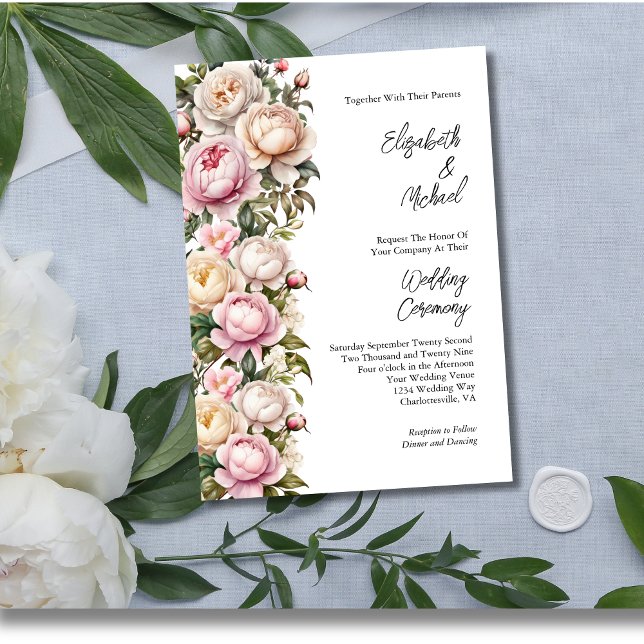 Invitación Boda floral de Rubor Pink White Roses Peonies (Blush Pink White Cream Roses and Peonies Wedding Invitation Elegant and Modern)