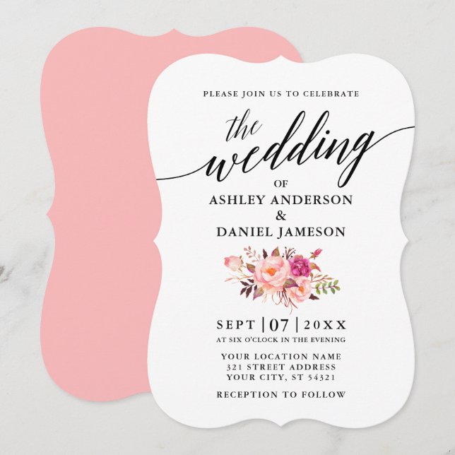 Invitación Boda floral de Rubor rosa (Anverso / Reverso)