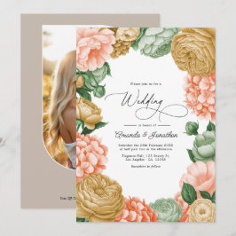 Invitación Boda floral de salvia, melocotón y dorado antiguo