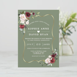 Invitación Boda floral de salvia verde burdeos todo en uno  