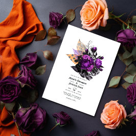 Invitación Boda floral de Shabby negro, púrpura y Naranja