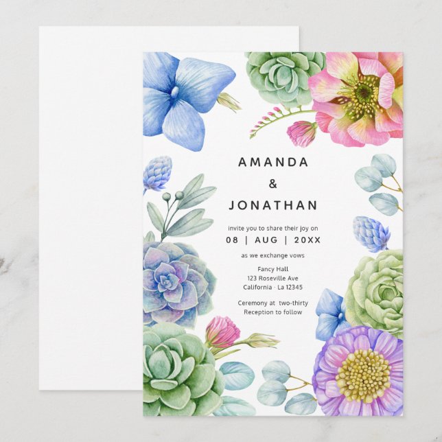 Invitación Boda floral de suculentas de moda (Anverso / Reverso)
