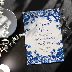Invitación Boda Floral de Talavera Majólica Azul Mexicana Bod